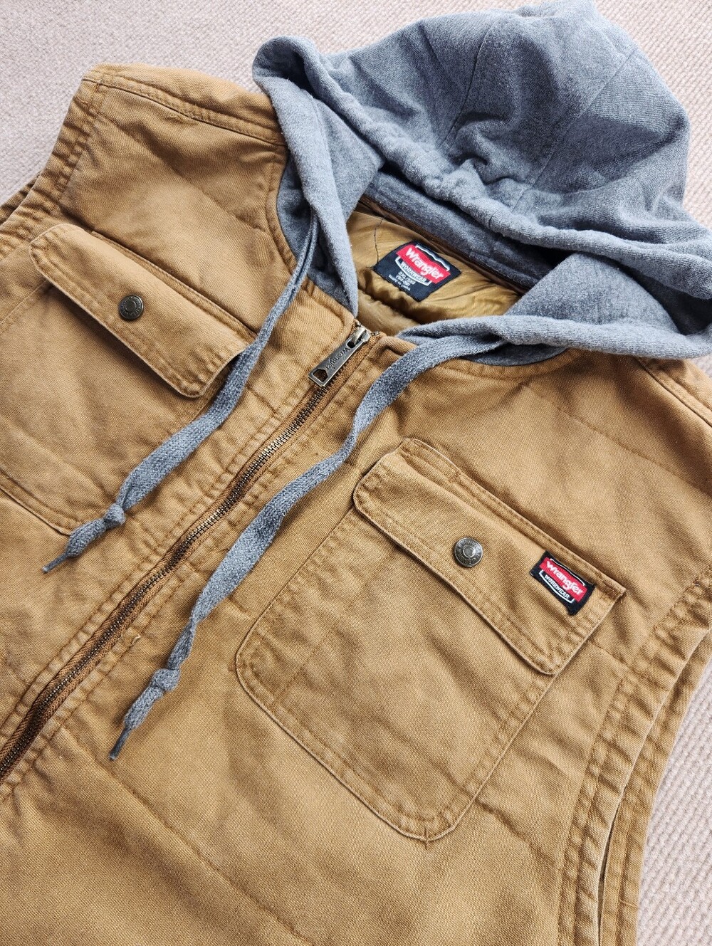 Wrangler Gray Hooded Brown Denim Workwear Vest Men’s 3XL Full Zip Lined Pockets